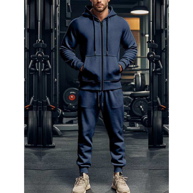 2-piece Solid Color Men's Athletic Tracksuit Set, Casual Long Sleeve Zip Up Hoodie With Drawstring And Jogging Pants Set For Gym Workout Running