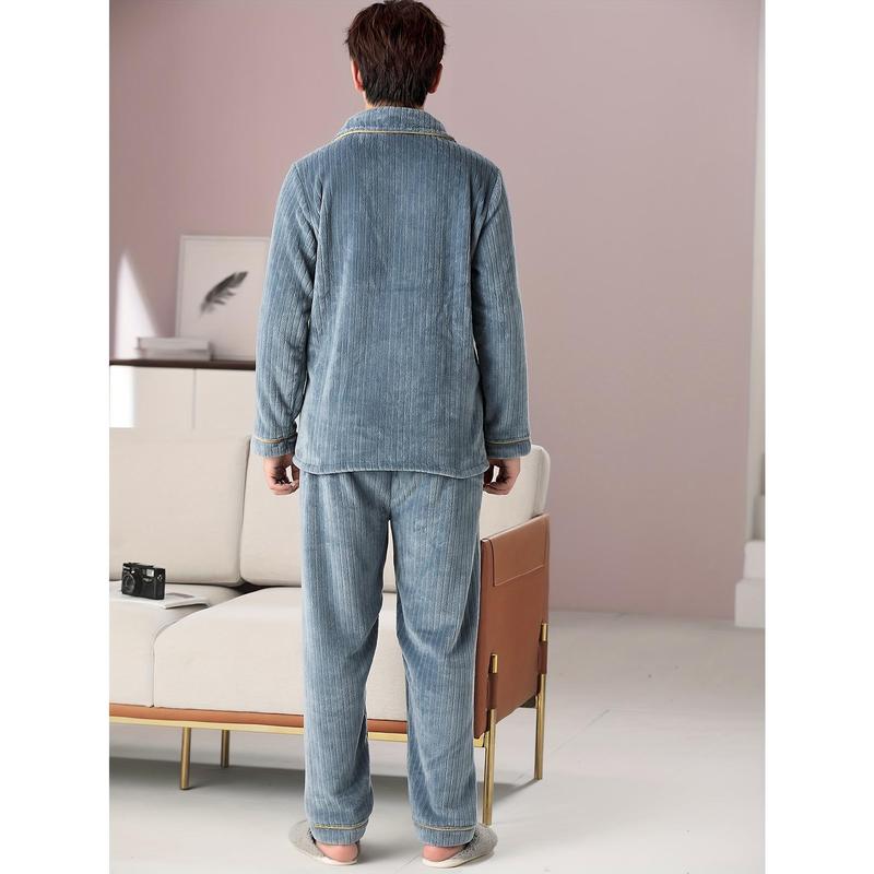 Men's Comfortable Flannel Pajamas Suit-Casual Lapel Long Sleeve Top with Pockets, with Loose Solid Color Trousers-100% Polyester Fiber Knitted Fabric, Suitable for Autumn and Winter, Thick