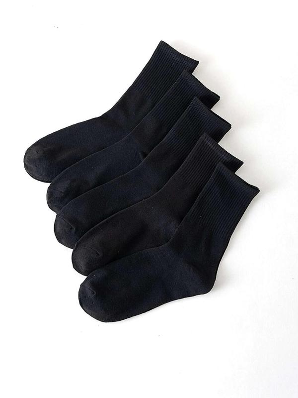 Men's 5 Pairs Plain Black Casual Crew Socks, Multi-pack Basic Simple Soft Comfy Mid Calf Socks for Daily Wear, Minimalist Men's Socks for Fall & Winter, Comfort Menswear