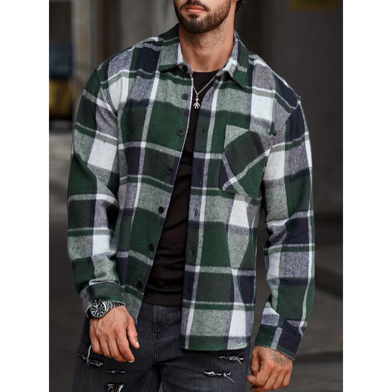 Men's Plaid Casual Shirt - Young Adult Men - Plaid, Tops, Long Sleeve, Lapel, Button, Regular, Casual, Polyester, Non-Stretch, No, Woven - Suitable for Office, Casual Outing, Everyday Wear zip sweatshirt polo collar shirt