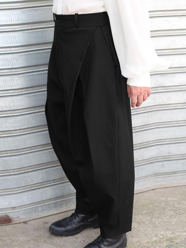 Men's Solid Pocket Wide Leg Pants, Casual Loose Plicated Trousers for Daily Wear, Woven Bottoms for All Seasons