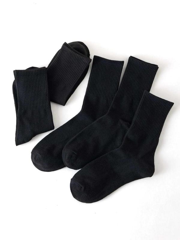 Men's 5 Pairs Plain Black Casual Crew Socks, Multi-pack Basic Simple Soft Comfy Mid Calf Socks for Daily Wear, Minimalist Men's Socks for Fall & Winter, Comfort Menswear