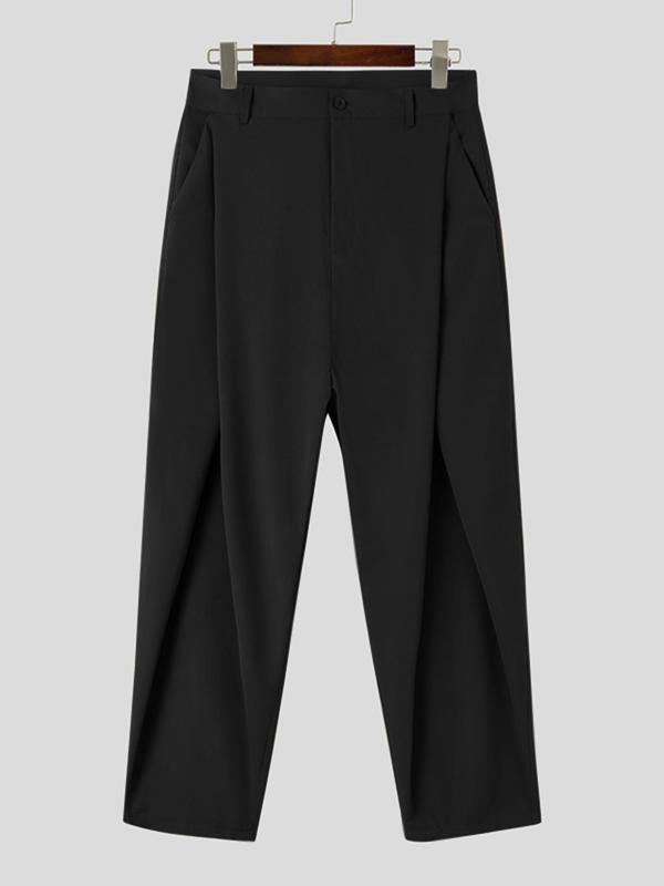 Men's Solid Pocket Wide Leg Pants, Casual Loose Plicated Trousers for Daily Wear, Woven Bottoms for All Seasons