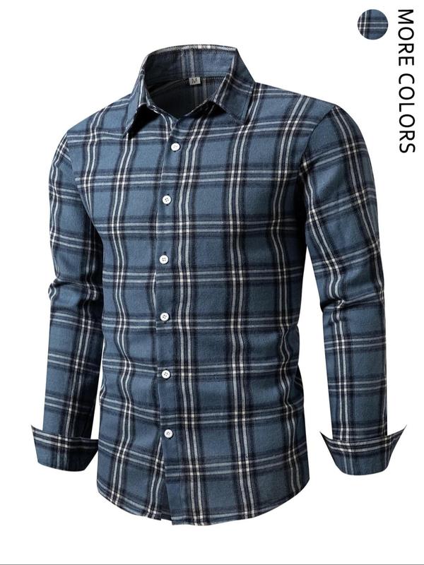 Men's Plaid Print Button Front Shirt, Regular Fit Casual Long Sleeve Collared Top for Fall & Winter, Men's Clothes for Daily Wear