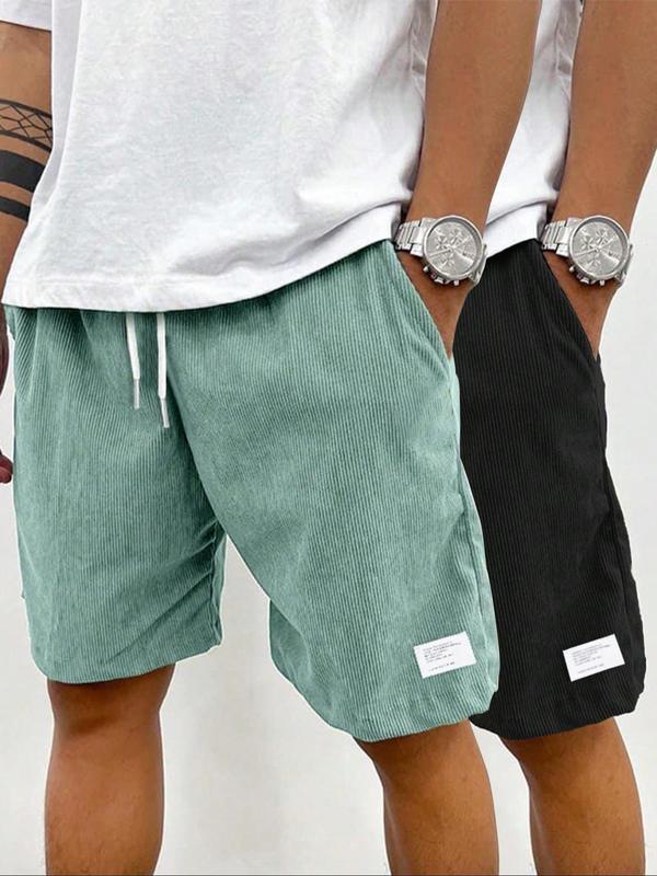 Men's Solid Patched Drawstring Waist Shorts, Regular Fit Casual Pocket Elastic Waist Shorts for Summer, Men's Bottoms for Daily Wear