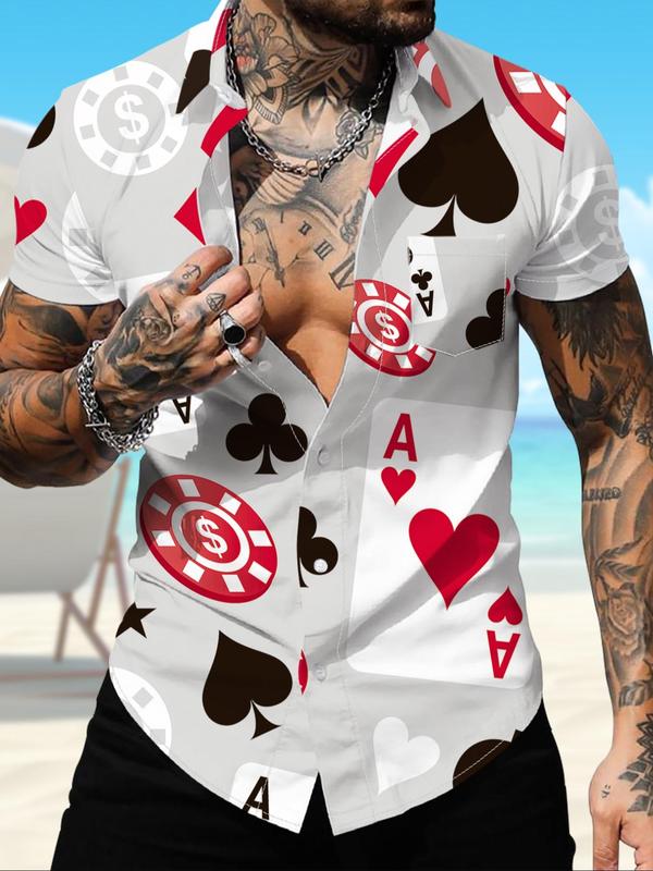 Men's Poker Graphic Pocket Button Front Shirt, Regular Fit Casual Short Sleeve Collar Shirt for Summer, Fashion Men's Top for Beach Vacation