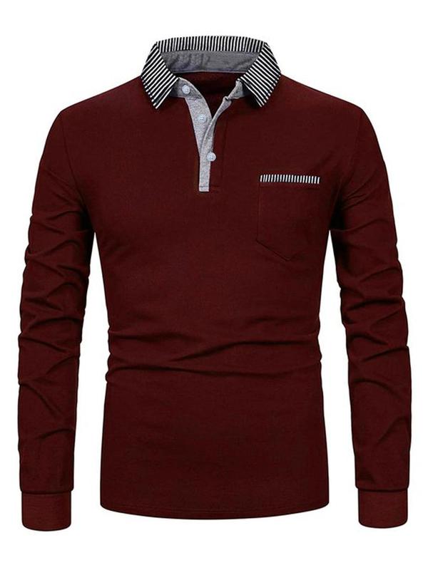 Men's Slim Patchwork Print Button Front Polo Shirt, Casual Long Sleeve Pocket Top for Spring & Fall, Men's Clothes