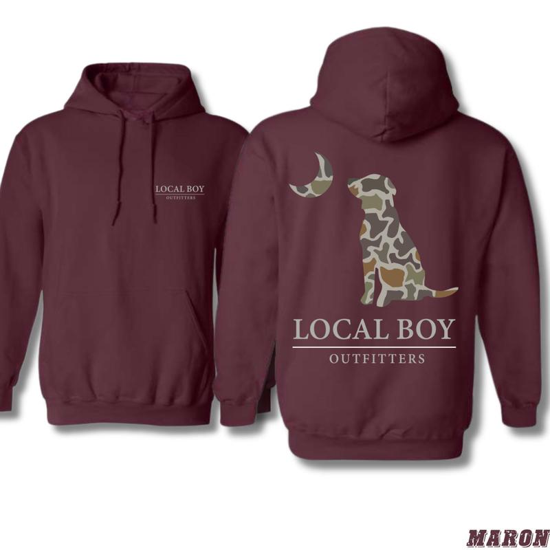 Local Boy Outfitters Hoodie - Classic Camouflage Dog Design Featuring Moon Graphics, country boy clothing, Perfect for Outdoor Enthusiasts and Dog Lovers, Unisex Hoodie for Everyday Comfort and Southern Style Menswear Sweaters Tops Underwear