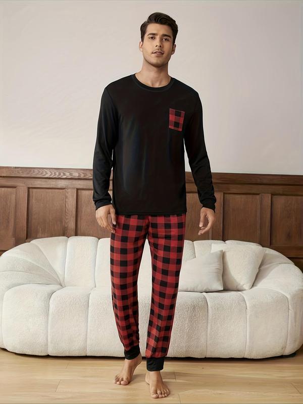 Two-piece Set Men's Pocket Tee & Plaid Pants Pyjama Set, Regular Fit Casual Comfy Round Neck Long Sleeve T-shirt & Trousers Pj Set, Men's Sleepwear for Spring & Fall