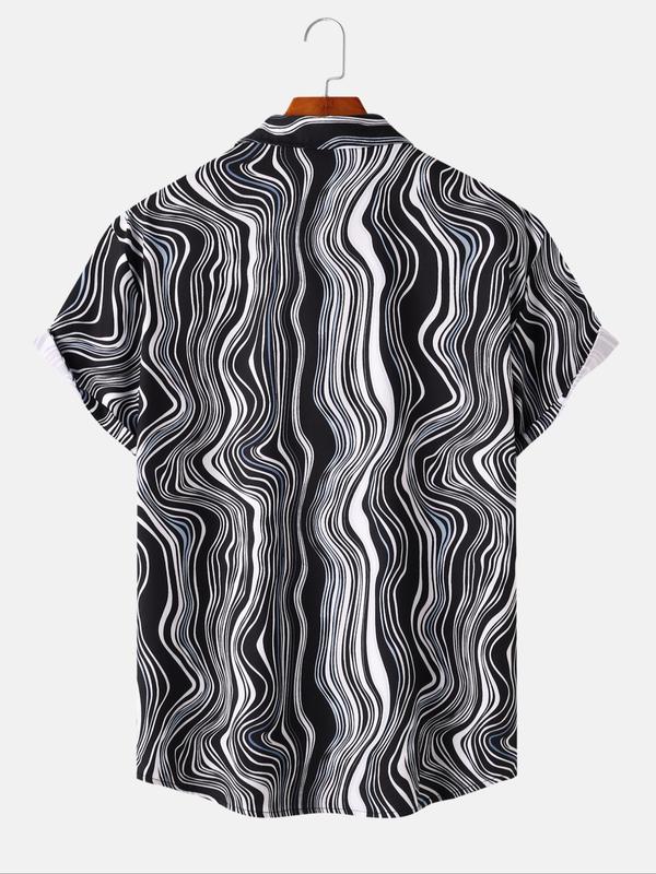 Men's All Over Wave Print Button Front Shirt, Regular Fit Fashion Casual Short Sleeve Collared Shirt for Summer, Men's Top for Daily Wear