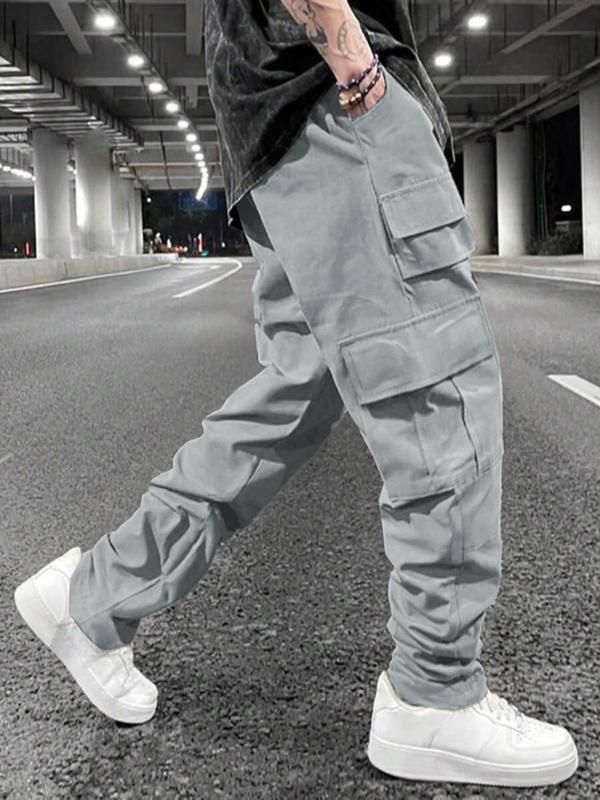 Men's Solid Drawstring Waist Cargo Pants, Street Fashion Casual Pocket Elastic Waist Trousers for Daily Wear, Men's Bottoms for All Seasons, 2000s Pants, Pants for Men, Mens Pants, Summer Outfits 2024, 90s Clothes