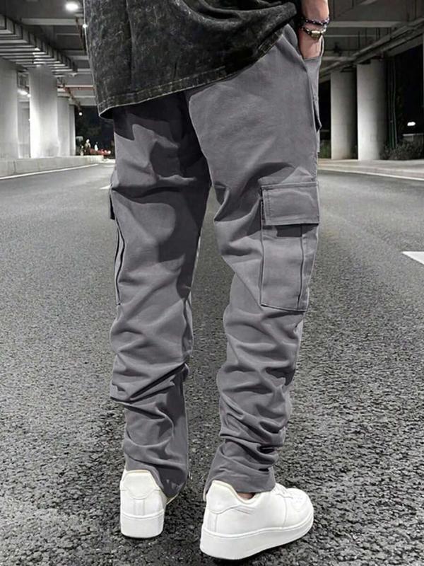 Men's Solid Drawstring Waist Cargo Pants, Street Fashion Casual Pocket Elastic Waist Trousers for Daily Wear, Men's Bottoms for All Seasons, 2000s Pants, Pants for Men, Mens Pants, Summer Outfits 2024, 90s Clothes