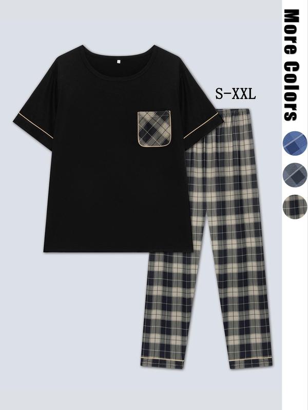 Two-Piece Set Men's Plaid Print Short Sleeve Tee & Elastic Waist Pants Pyjama, Casual Comfy Round Neck T-shirt & Trousers PJ Set, Men's Sleepwear for All Seasons