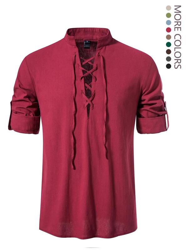 Men's Vintage Solid Lace Up Long Sleeve Henley Shirt, Shirts for Men, Regular Fit Streetwear Comfort Stand Collar Tie Front Top, 4th Of July Shirts, Back To School Clothes, Men's Summer Clothes for All Seasons, Fall Outfits, Earthtone Fallfreshness