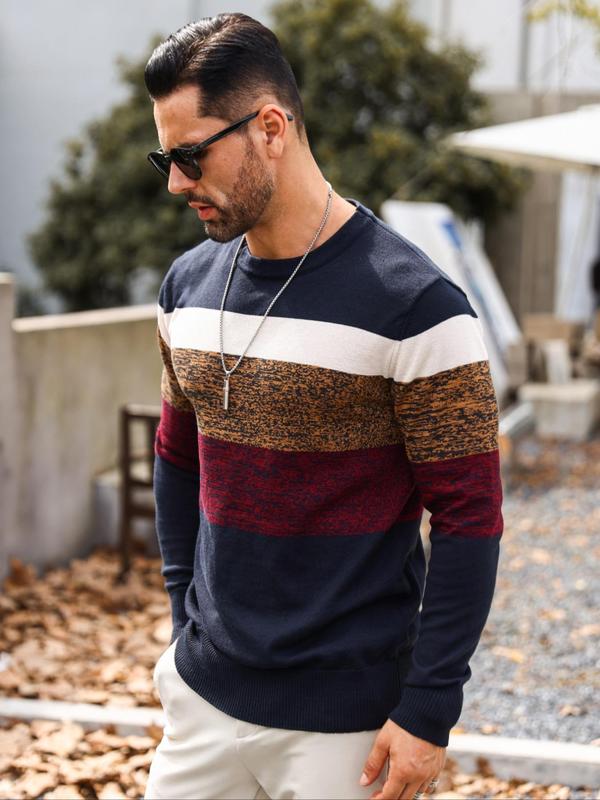 Men's Patchwork Print Round Neck Sweater, Sweater for Men, Regular Fit Casual Long Sleeve Crew Neck Jumper for Fall & Winter, Fashion Men's Knitwear Tops for Daily Wear, Menswear