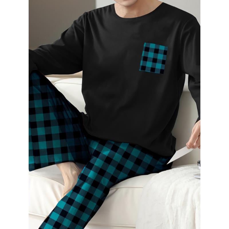 1set Men'S Casual Plaid Pajama Set - Polyester Long Sleeve Crew Neck Pullover with Slight Stretch Knit Fabric - Comfortable Regular Fit Sleepwear for Fall Winter