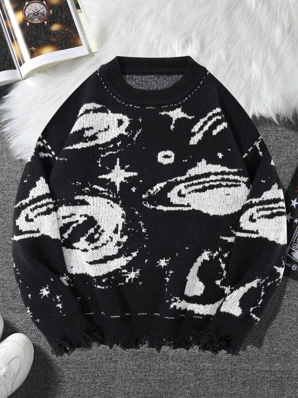 Men's All Over Print Drop Shoulder Sweater, Loose Casual Long Sleeve Round Neck Jumper for Fall & Winter, Fashion Men's Knitwear for Daily Wear