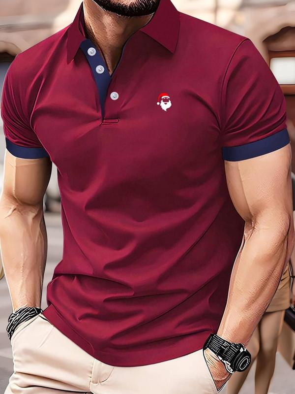 Men's Regular Fit Cartoon Santa Print Polo-Shirt, Casual Short Sleeve Top for Summer, Fashion Men's Clothes for Daily Wear