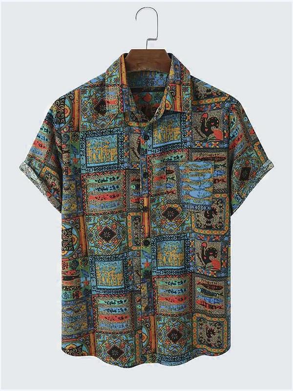 Men's Ethnic Pattern Boho Nostalgia Shirt, Vintage Western Collared Button Front Short Sleeve Shirt, Streetwear, Men's Top for Summer Beach Vacation