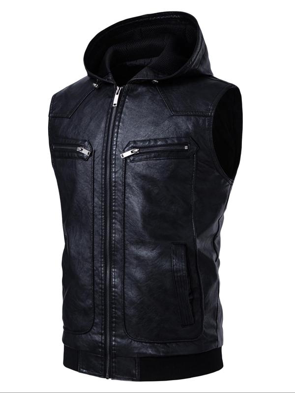 Men's Solid Zipper Pu Leather Vest, Regular Fit Casual Fashion Hooded Sleeveless Outerwear for Daily Wear, Men's Waistcoats for All Seasons, Fall Outfits, Fallfreshness