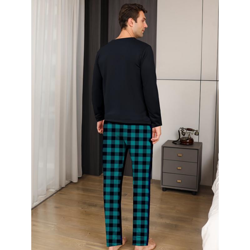 1set Men'S Casual Plaid Pajama Set - Polyester Long Sleeve Crew Neck Pullover with Slight Stretch Knit Fabric - Comfortable Regular Fit Sleepwear for Fall Winter