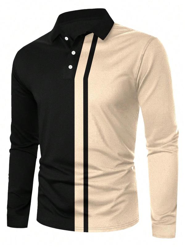 Men's Patchwork Print Polo Shirt, Regular Fit Casual Long Sleeve Button Top, Mens Spring & Fall Streetwear Clothes for Daily Wear