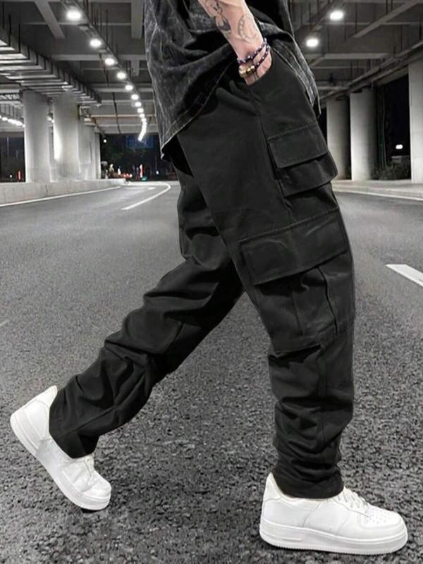 Men's Solid Drawstring Waist Cargo Pants, Street Fashion Casual Pocket Elastic Waist Trousers for Daily Wear, Men's Bottoms for All Seasons, 2000s Pants, Pants for Men, Mens Pants, Summer Outfits 2024, 90s Clothes