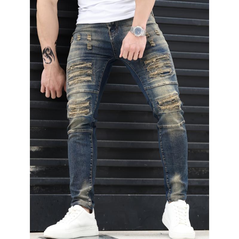 Stylish Gradient Ripped Skinny Jeans - Soft Cotton Blend, Slim Fit, Casual Street Style, Perfect for Spring Summer, Men's Fashion Essential