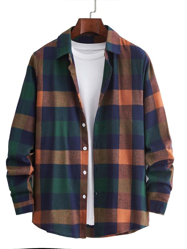 Men's Plaid Print Button Front Shirt, Casual Regular Fit Long Sleeve Collared Top for Fall & Winter, Men's Clothes for Daily Wear