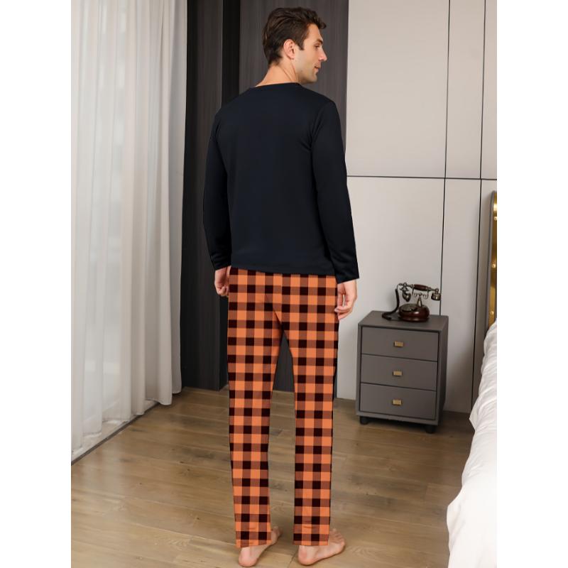 1set Men'S Casual Plaid Pajama Set - Polyester Long Sleeve Crew Neck Pullover with Slight Stretch Knit Fabric - Comfortable Regular Fit Sleepwear for Fall Winter