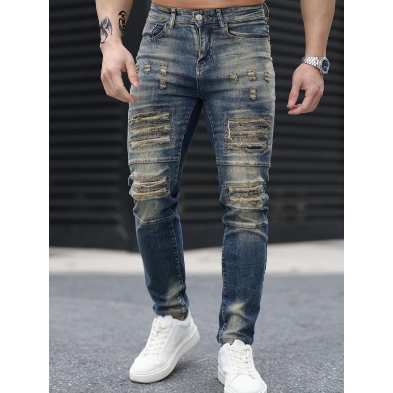 Stylish Gradient Ripped Skinny Jeans - Soft Cotton Blend, Slim Fit, Casual Street Style, Perfect for Spring Summer, Men's Fashion Essential