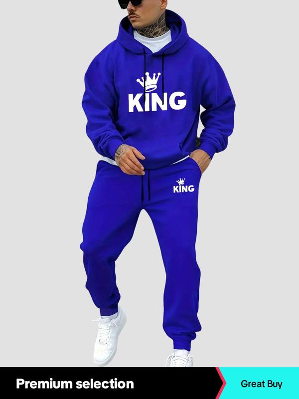 Men's Letter & Crown Print Drawstring Sweatsuit Set, Drop Shoulder Pullover Hoodie & Pocket Jogger Sweatpants Set, Outfit Sets for Men, Mens Clothes for Spring & Fall, Athletic Clothes