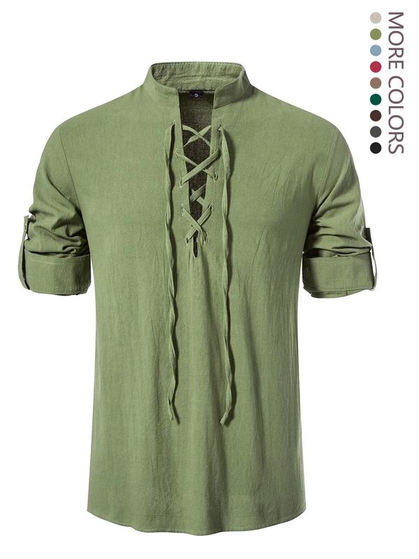 Men's Vintage Solid Lace Up Long Sleeve Henley Shirt, Shirts for Men, Regular Fit Streetwear Comfort Stand Collar Tie Front Top, 4th Of July Shirts, Back To School Clothes, Men's Summer Clothes for All Seasons, Fall Outfits, Earthtone Fallfreshness