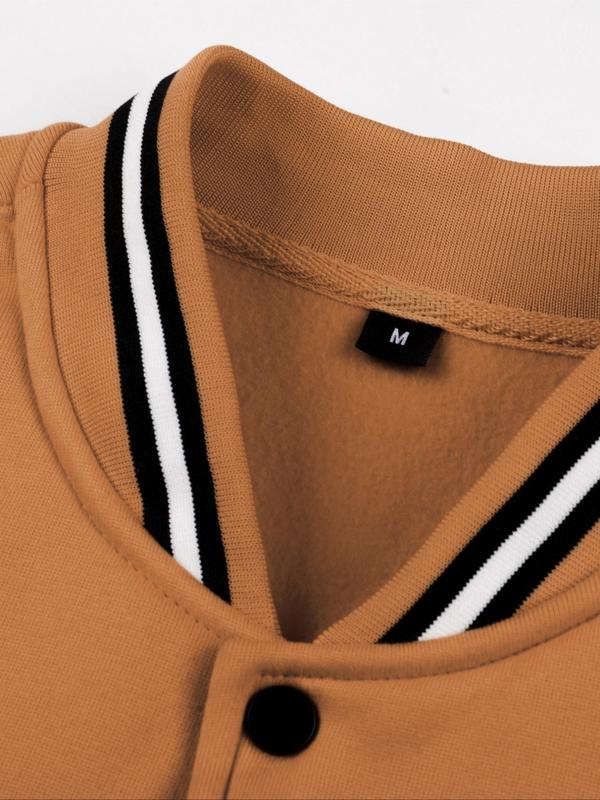 Men's Striped Trim Letter Embroidery Button Front Varsity Jacket, Fall Outfits 2024, Men's Designer Clothes, Winter Outfits 2024, Regular Fit Casual Long Sleeve Mock Neck Pocket Jacket for Spring & Fall, Fashion Men's Outerwear for Daily Wear Tops