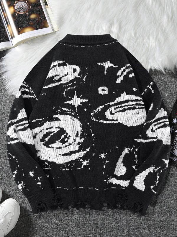 Men's All Over Print Drop Shoulder Sweater, Loose Casual Long Sleeve Round Neck Jumper for Fall & Winter, Fashion Men's Knitwear for Daily Wear