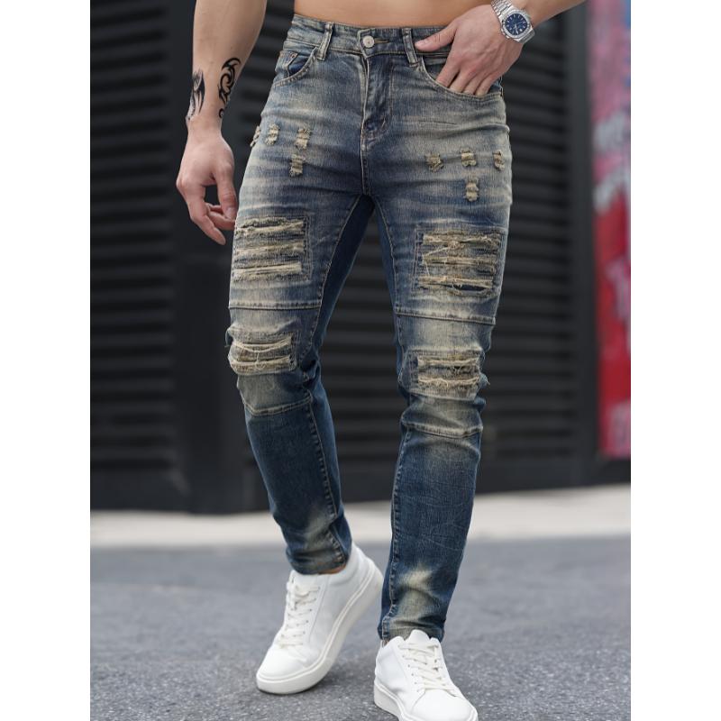 Stylish Gradient Ripped Skinny Jeans - Soft Cotton Blend, Slim Fit, Casual Street Style, Perfect for Spring Summer, Men's Fashion Essential