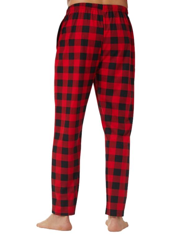 Men's Plaid Print Tie Front Lounge Pants, Casual Comfy Pocket Design Sleep Pants for Daily Wear, Men Sleepwear for All Seasons