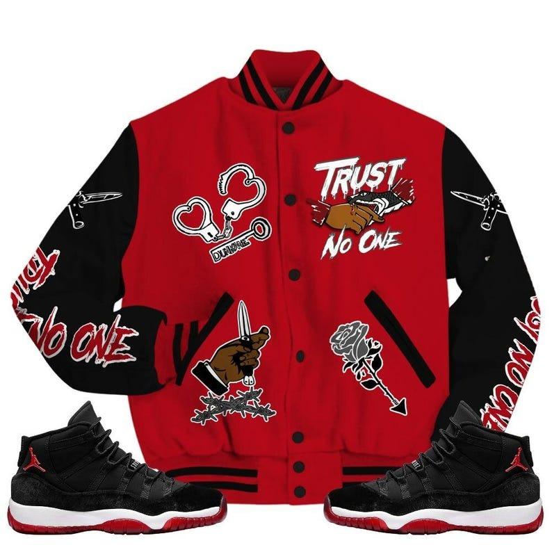 Bred Velvet 11s Varsity Jacket, Trust No One Dripping Varsity Jacket, Baseball Jacket Printing Fashion Casual Baseball Jacket Sweatshirt - Jacket  Jacket Sweatshirt Cardigan Hip Hop Baseball Uniform Men Sports - Jacket