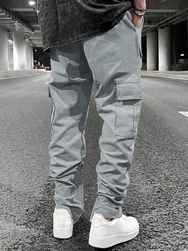 Men's Solid Drawstring Waist Cargo Pants, Street Fashion Casual Pocket Elastic Waist Trousers for Daily Wear, Men's Bottoms for All Seasons, 2000s Pants, Pants for Men, Mens Pants, Summer Outfits 2024, 90s Clothes