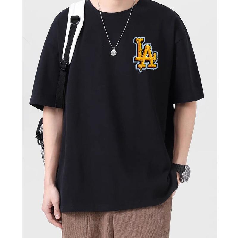 LA letter oversize print tshirt for man loose t shirt Short Sleeve tops Round neck casual clothing Top T-Shirt Streetwear Graphic Shortsleeve Cotton Menswear Classic Embroidered