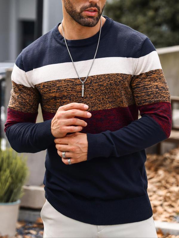 Men's Patchwork Print Round Neck Sweater, Sweater for Men, Regular Fit Casual Long Sleeve Crew Neck Jumper for Fall & Winter, Fashion Men's Knitwear Tops for Daily Wear, Menswear