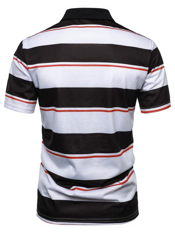 Men's Striped Print Short Sleeve Polo Shirt, Casual Regular Fit Button Front Collar Top for Summer, Fashion Men's Clothes for Daily Wear