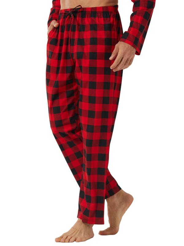 Men's Plaid Print Tie Front Lounge Pants, Casual Comfy Pocket Design Sleep Pants for Daily Wear, Men Sleepwear for All Seasons