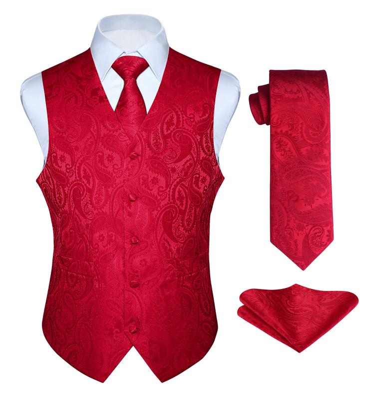 Mens Vest  3PC Formal Waistcoat Paisley Floral Jacquard Necktie Pocket Square Suit Vests Clothing Menswear