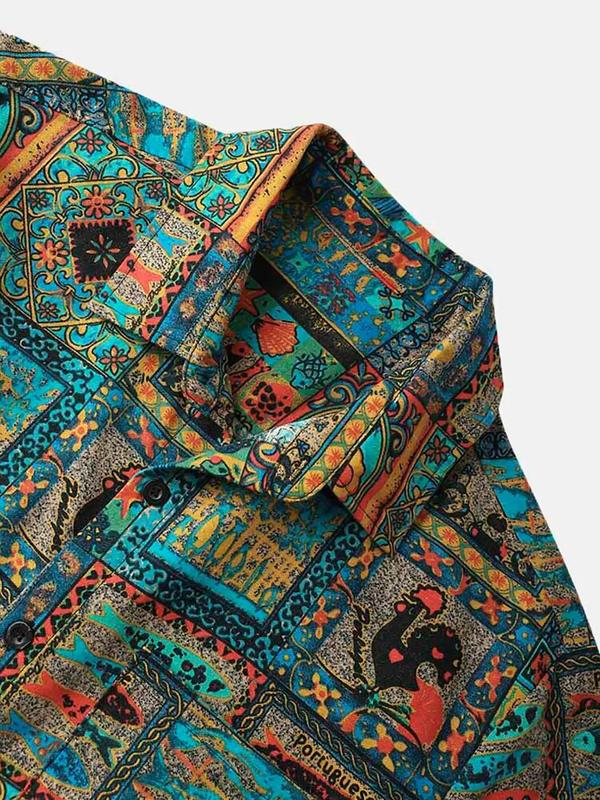 Men's Ethnic Pattern Boho Nostalgia Shirt, Vintage Western Collared Button Front Short Sleeve Shirt, Streetwear, Men's Top for Summer Beach Vacation