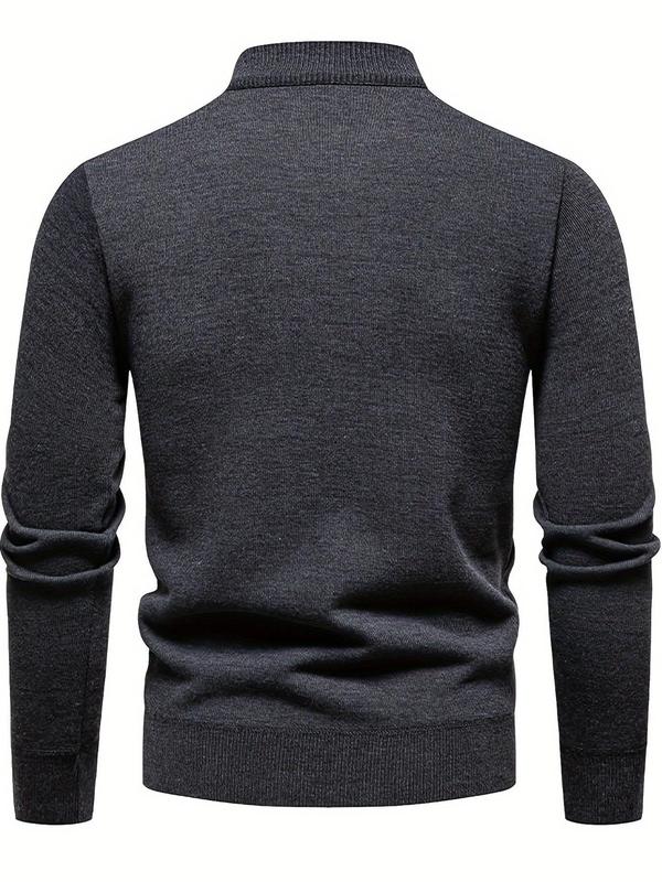 Men's Solid Zip Up Half Placket Stand Collar Sweater, Regular Fit Casual Long Sleeve Pullover for Fall & Winter, Men's Knitwear for Daily Wear