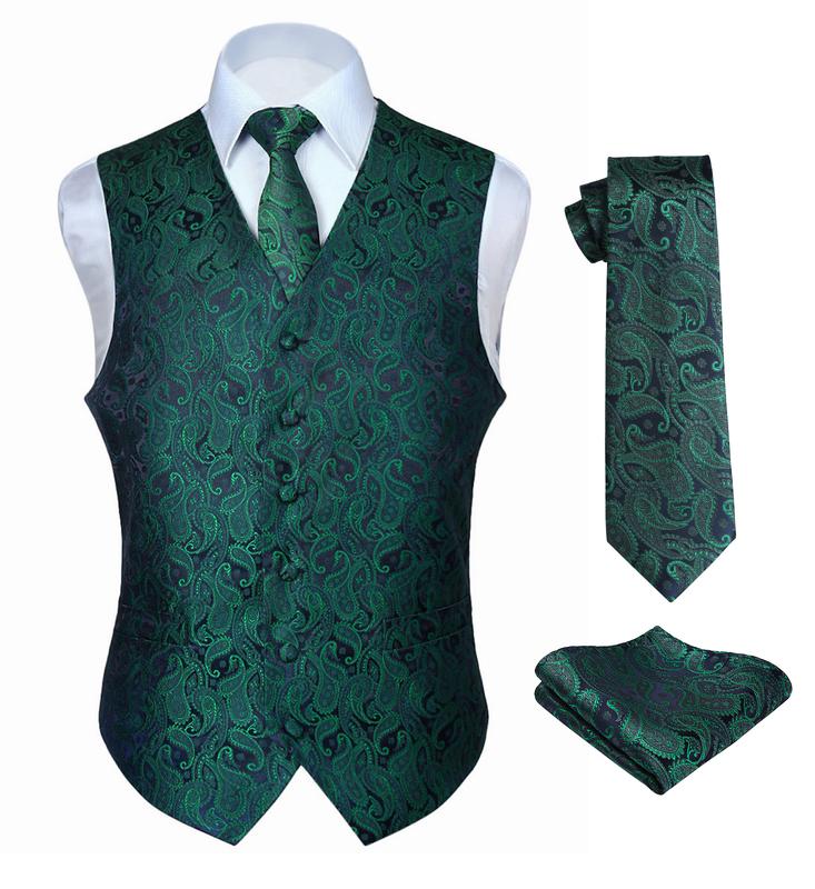 Mens Vest  3PC Formal Waistcoat Paisley Floral Jacquard Necktie Pocket Square Suit Vests Clothing Menswear