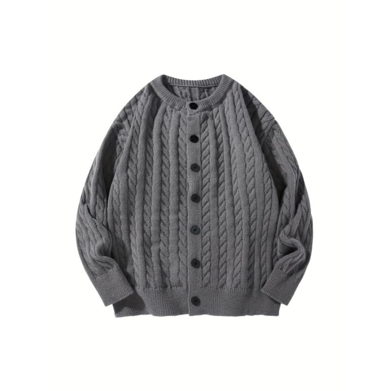 Men's Casual Cable Knit Cardigan - Solid Color, Button-Up Sweater Jacket for Fall Winter, Machine Washable