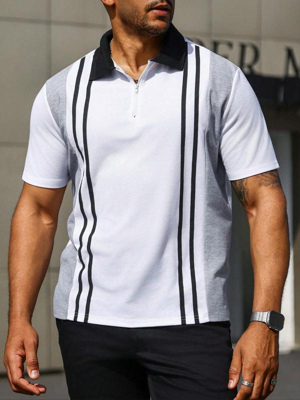  Striped Print Polo Shirt, Regular Fit Casual Short Sleeve Collared Top for Fall & Winter, Men's Clothes for Daily Wear