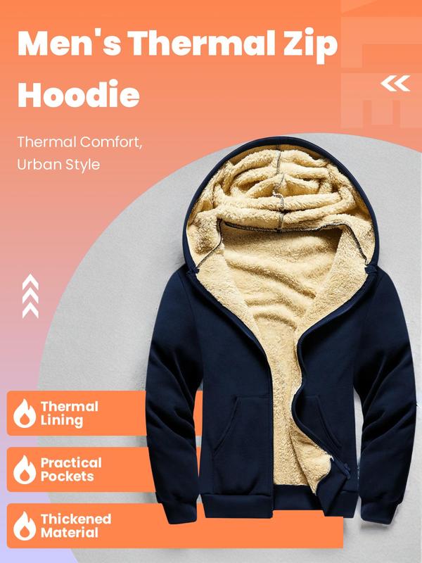 Men's Thermal Lined Zip Up Drawstring Hoodie, Long Sleeve Pocket Thickened Coat for Men, Men's Clothing, Jackets Hoodies for Men, Men's Winter Jacket Outerwear, Please Purchase A Size Up, Fall Clothes